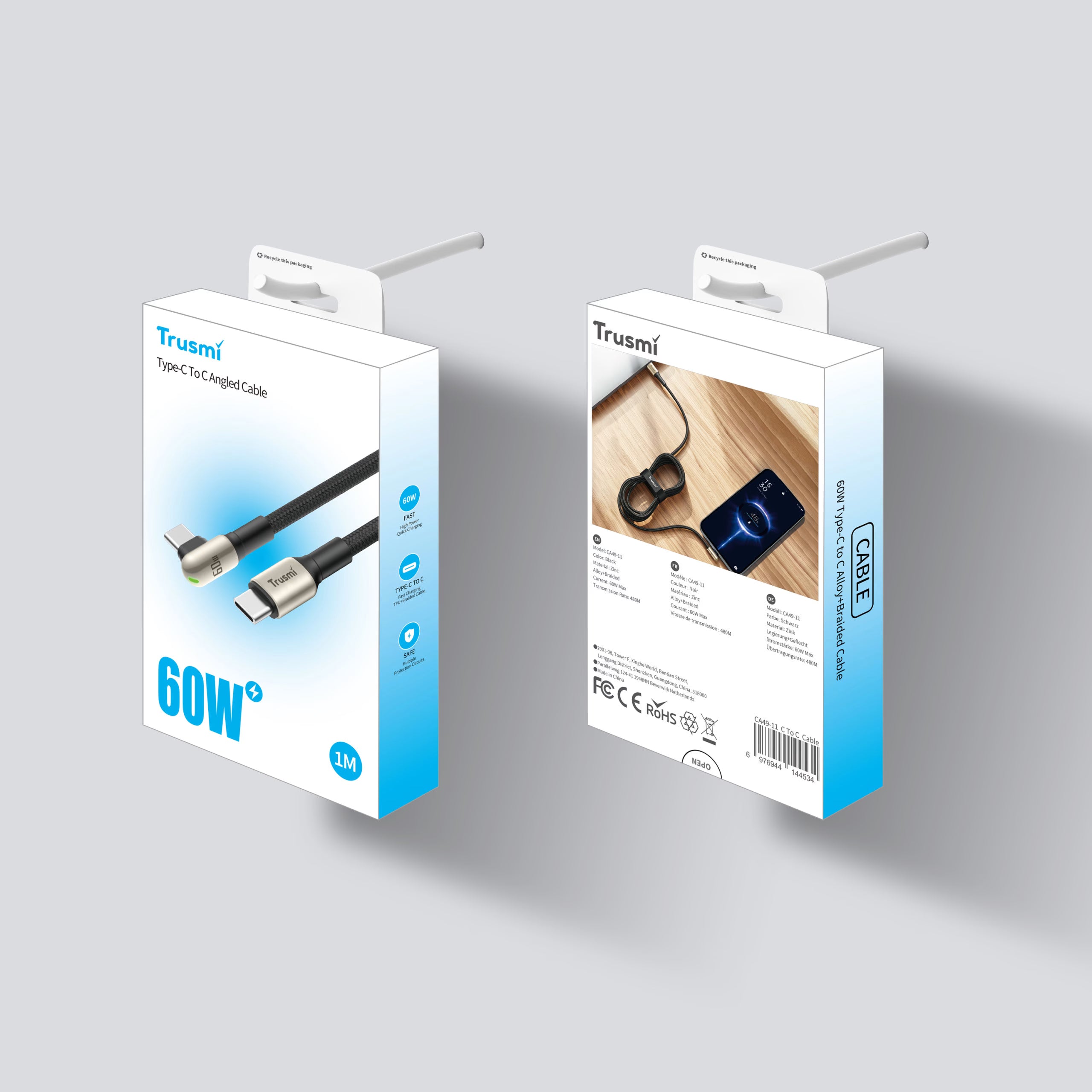 60W CC Angled LED Zinc Alloy Braided Cable