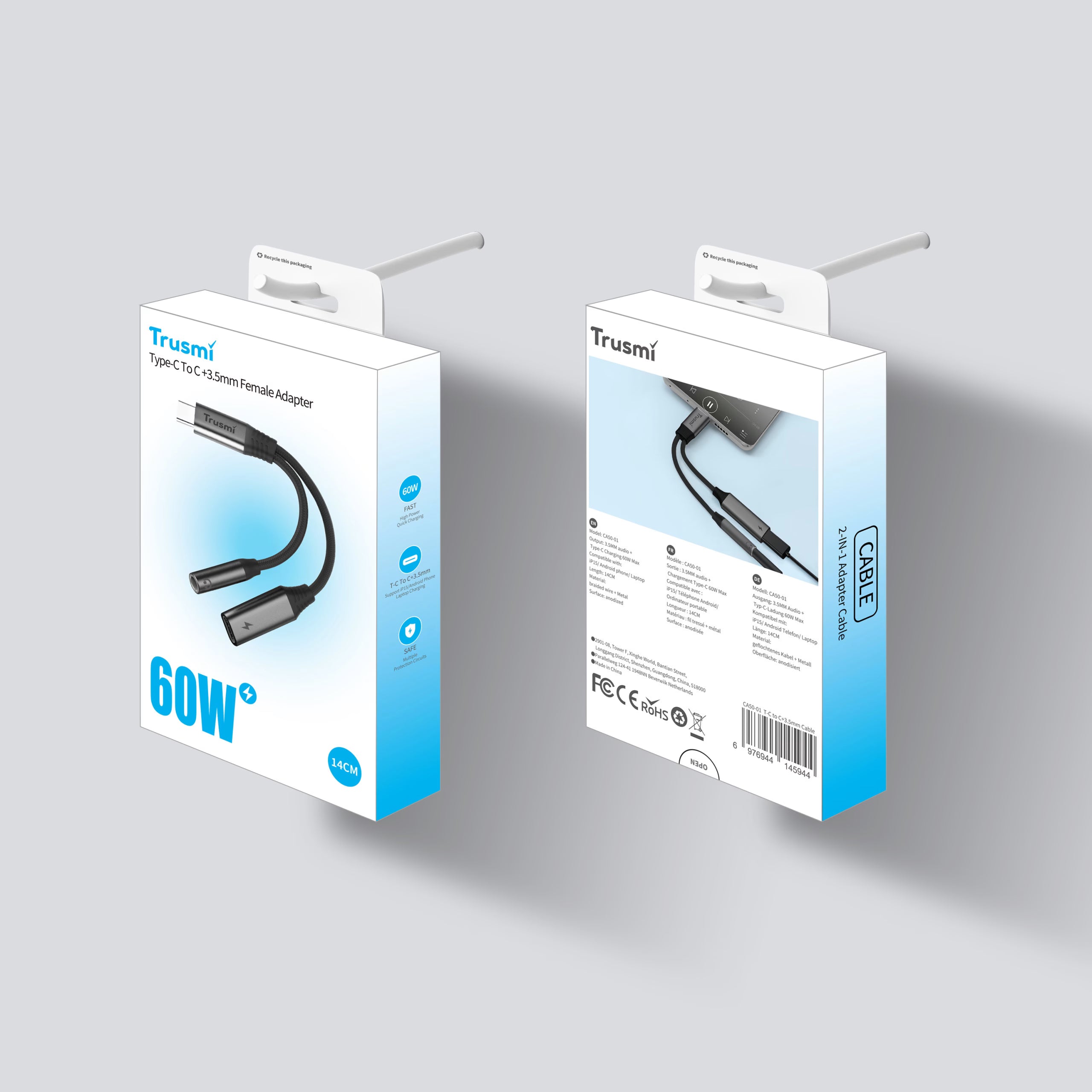 2-in-1 CC+3.5mm 4-Level Audio Female Adapter Cable