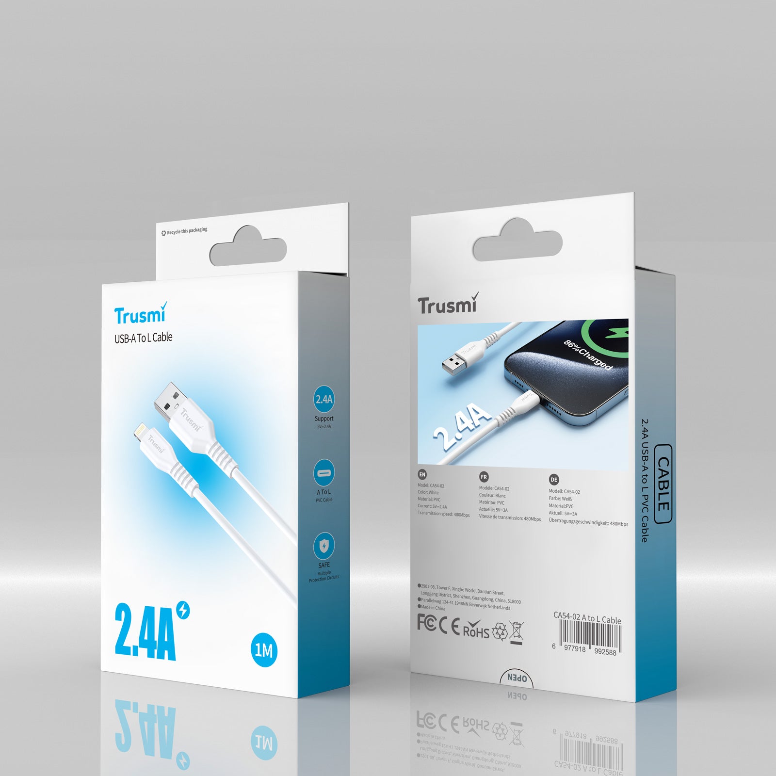 2.4A A To L Charging Cable White 1M