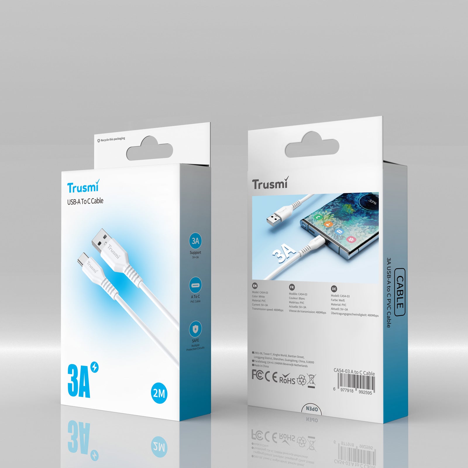 3A A To C Charging Cable White 2M