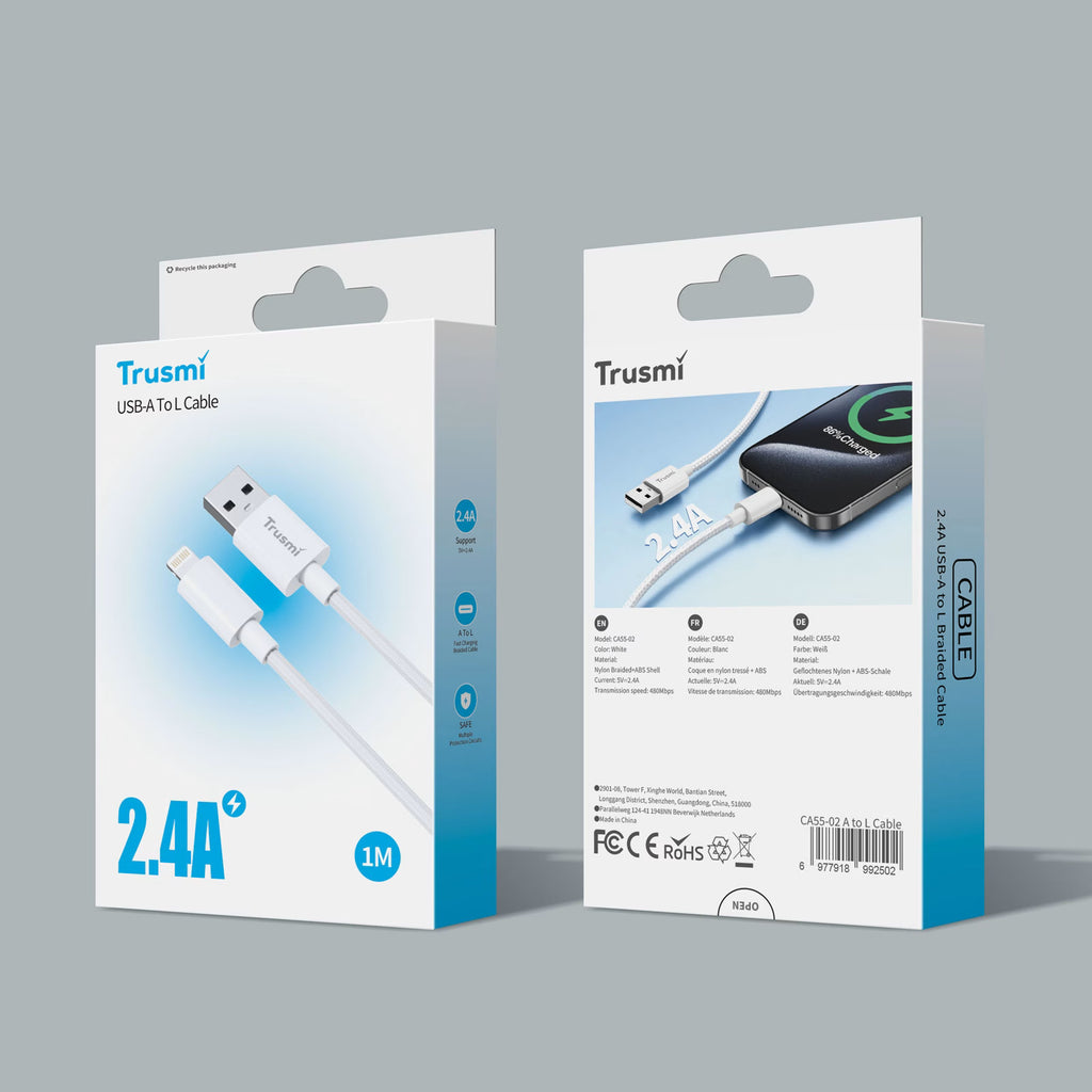 2.4A A To L Braided Charging Cable White 1M