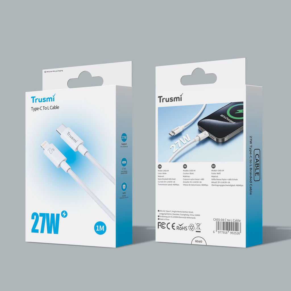 27W C To L Braided Charging Cable White 1M