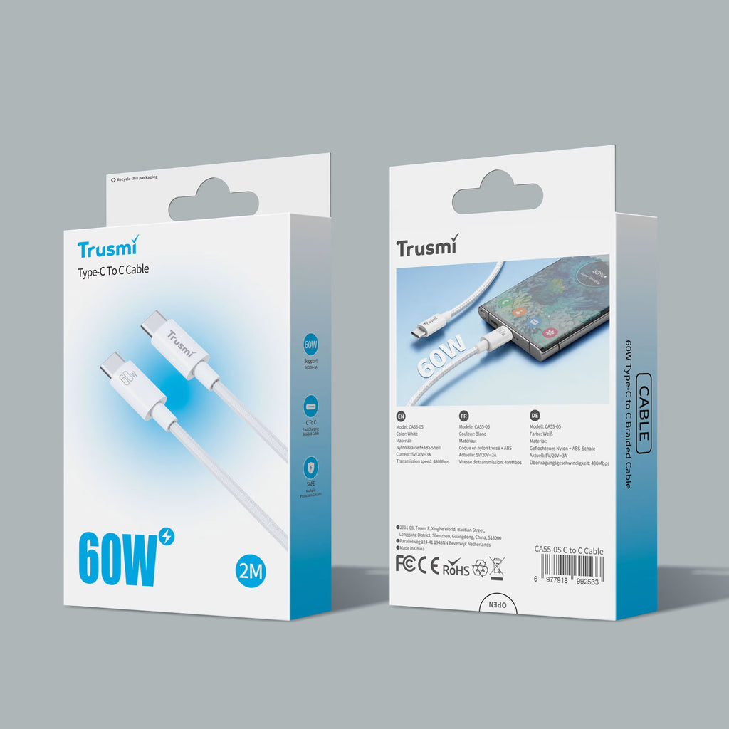 60W C To C Braided Charging Cable White 2M