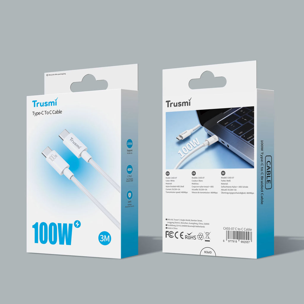 100W C To C Braided Charging Cable White 3M