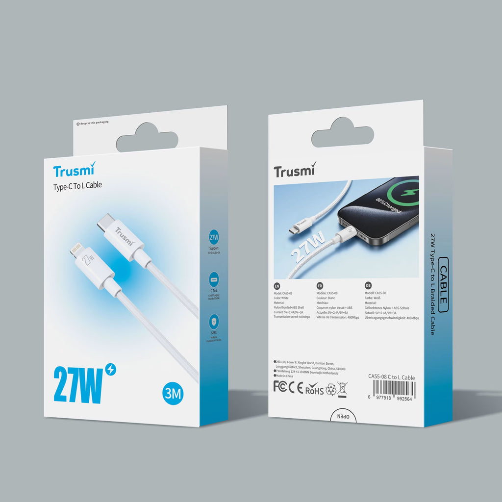 27W C To L Braided Charging Cable White 3M
