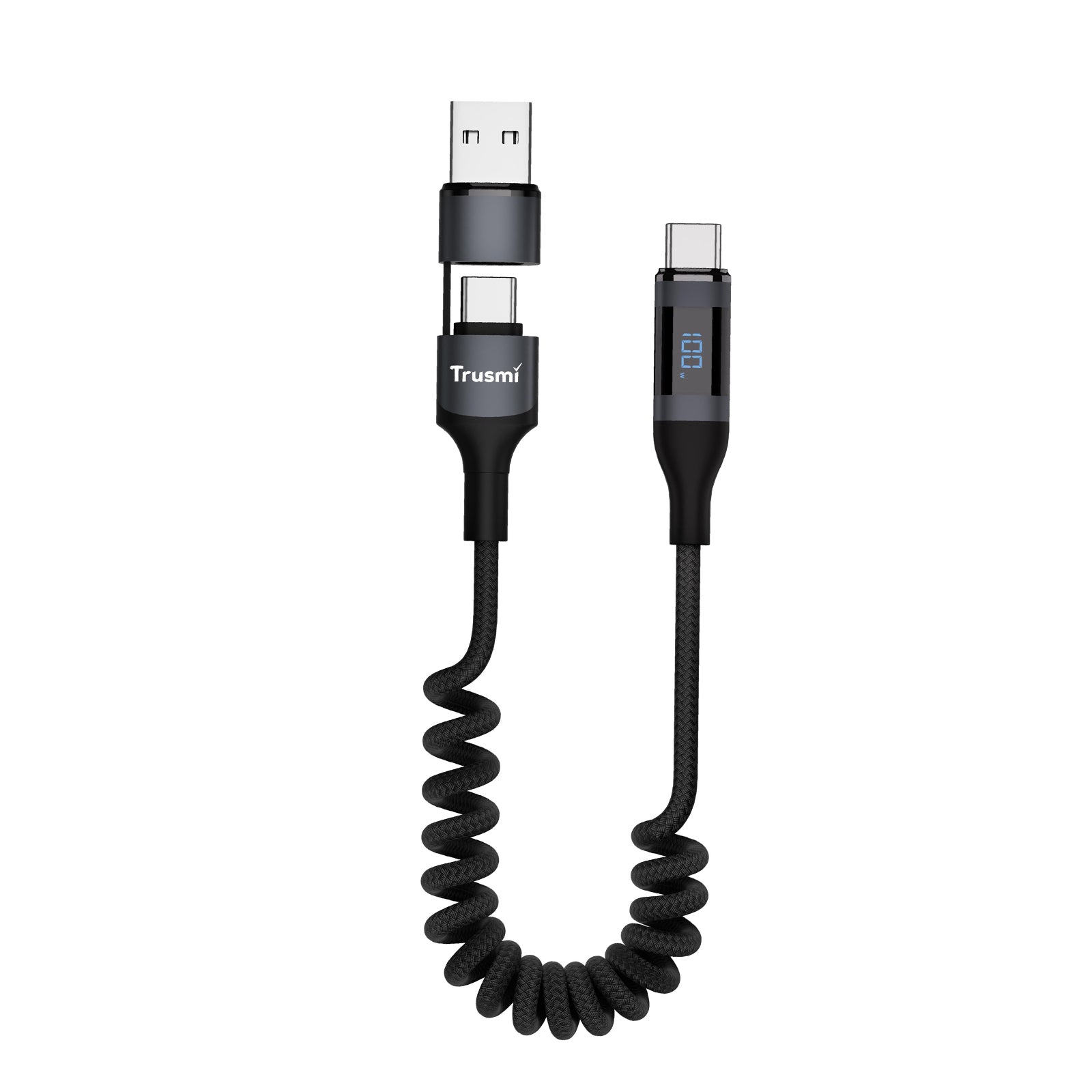 100W USB-A/C To C Car Spring Charging Cable with Digital Display 1.5M Black Support C...