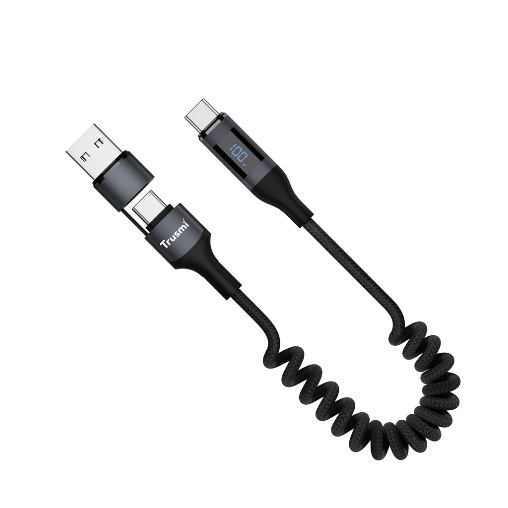 100W USB-A/C To C Car Spring Charging Cable with Digital Display 1.5M Black Support C...