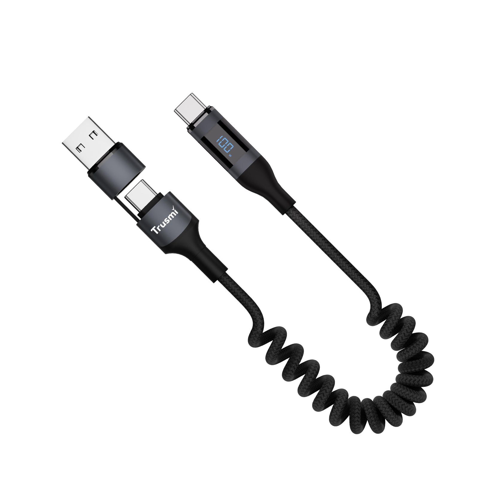 100W USB-A/C To C Car Spring Charging Cable with Digital Display 1.5M Black Support C...