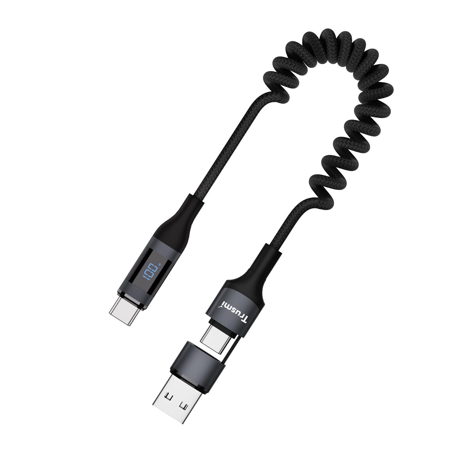 100W USB-A/C To C Car Spring Charging Cable with Digital Display 1.5M Black Support C...