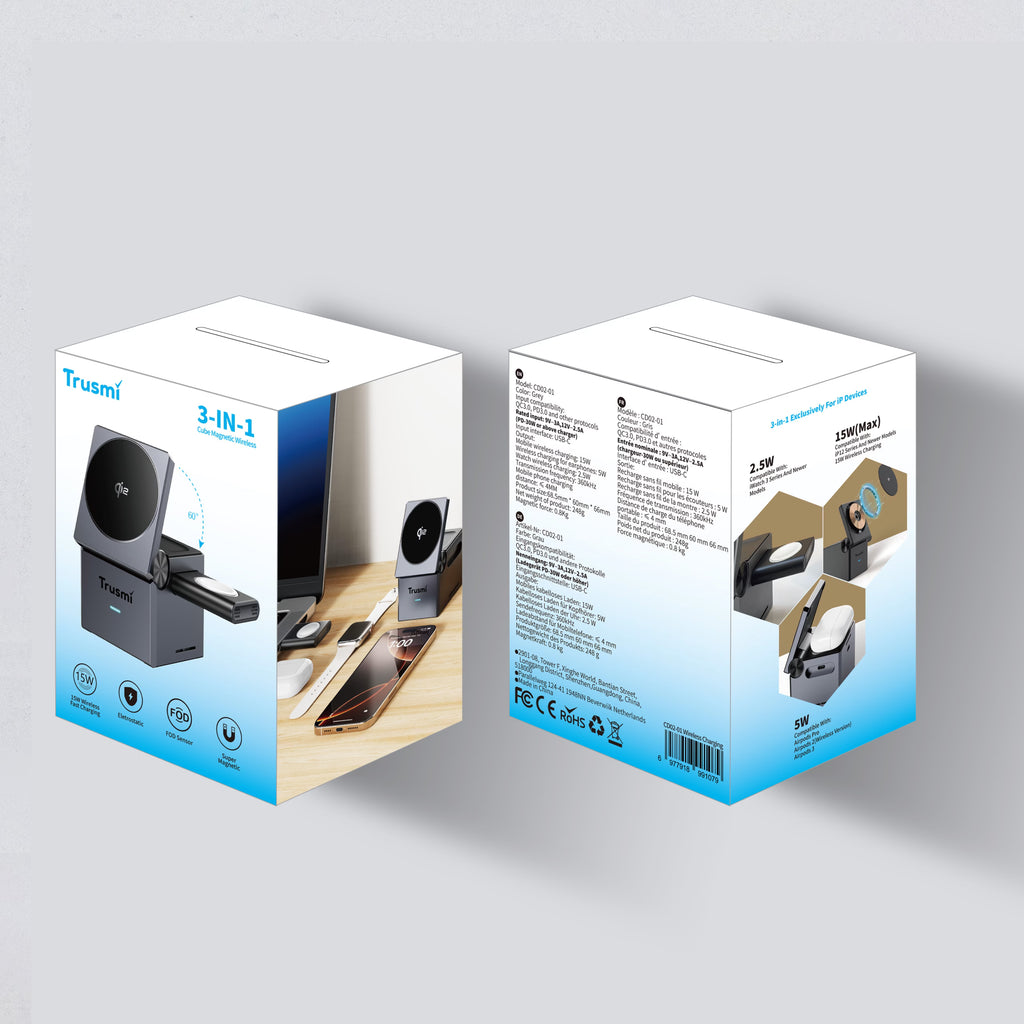 Wireless Charging Station Gray 3-in-1 Cube