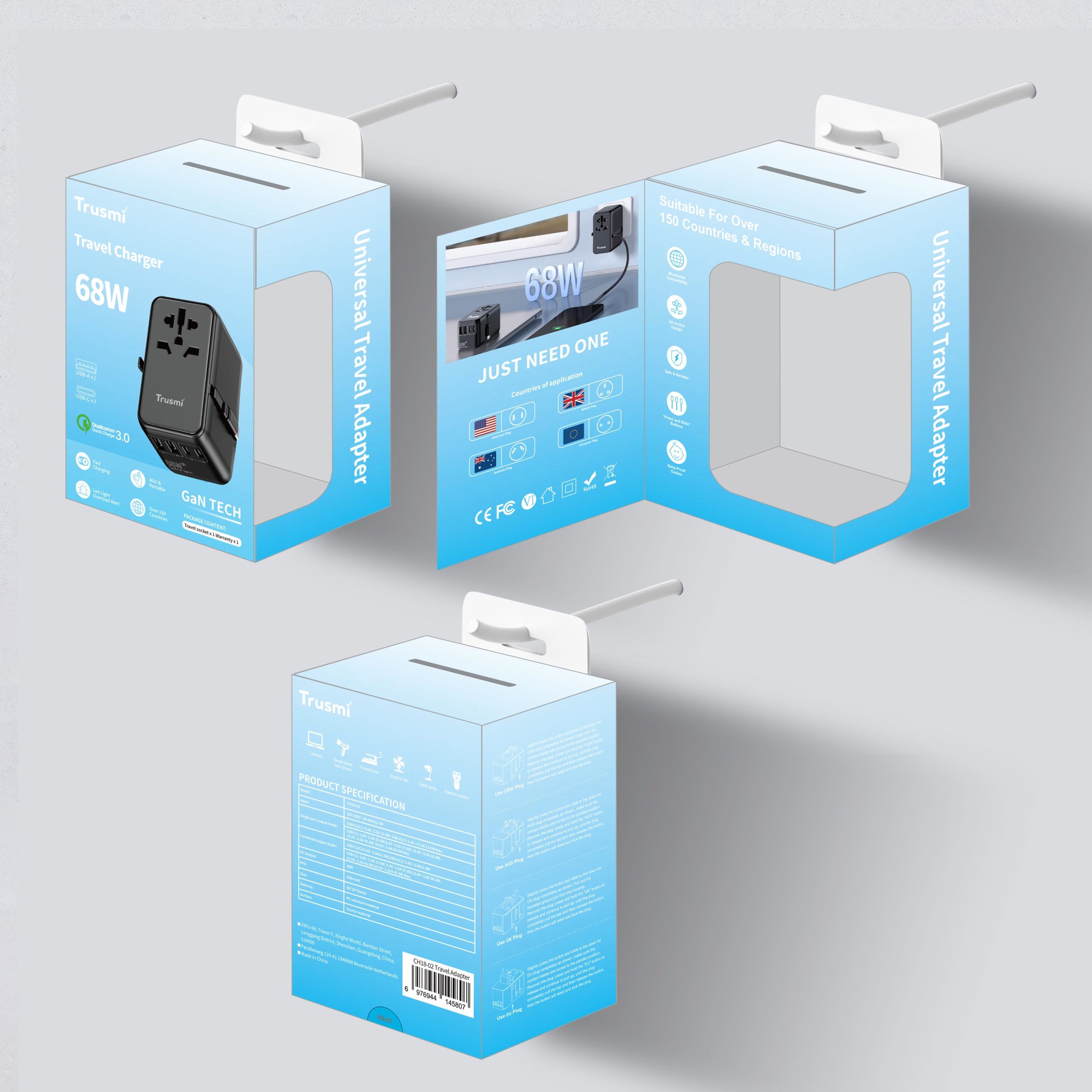 68W 3C2A Travel Adapter Charger with Cable