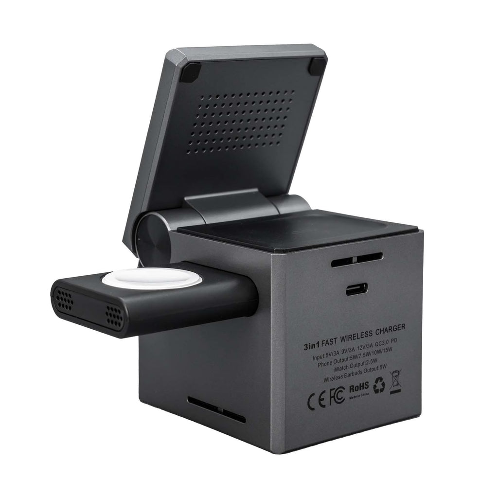 Wireless Charging Station Gray 3-in-1 Cube