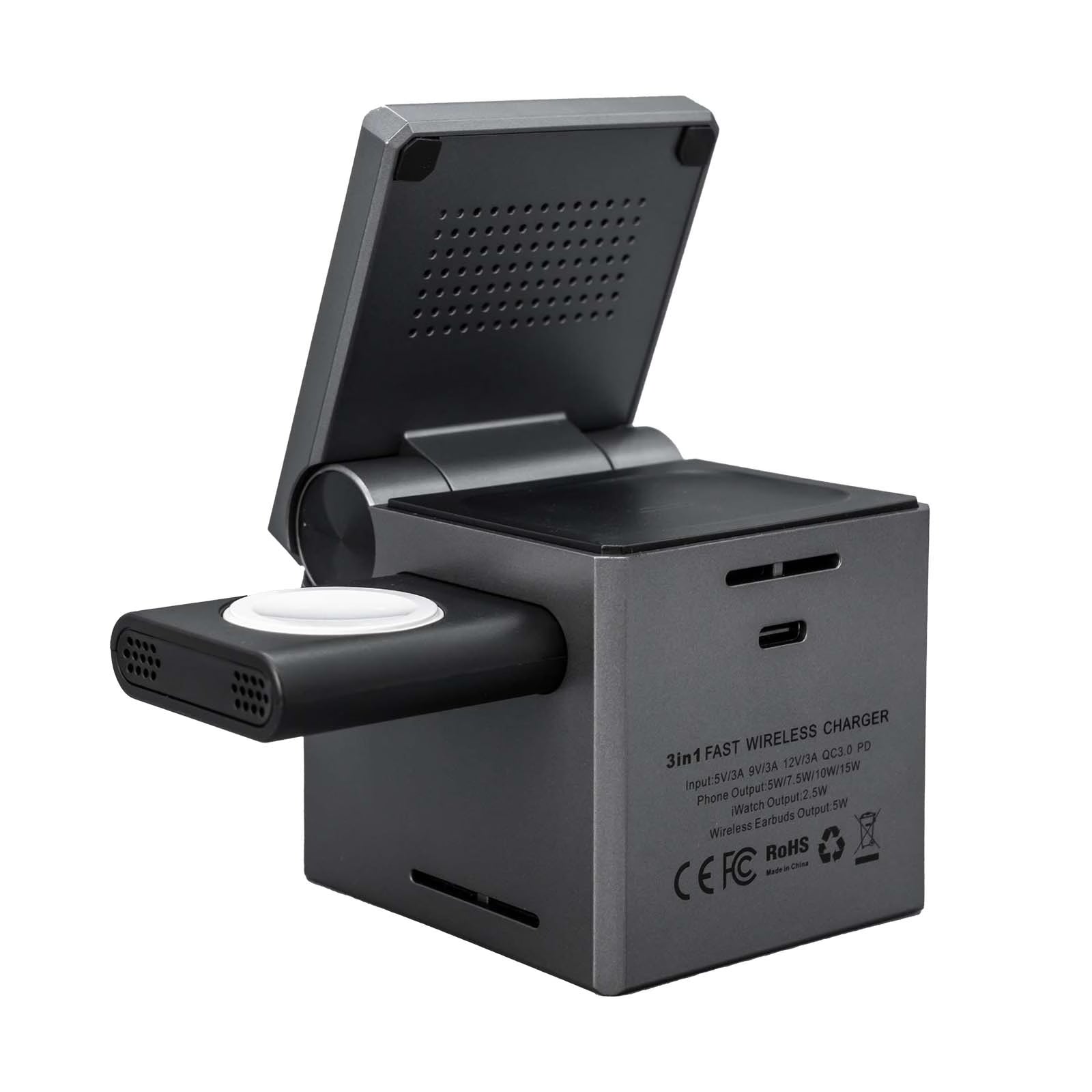 Wireless Charging Station Gray 3-in-1 Cube